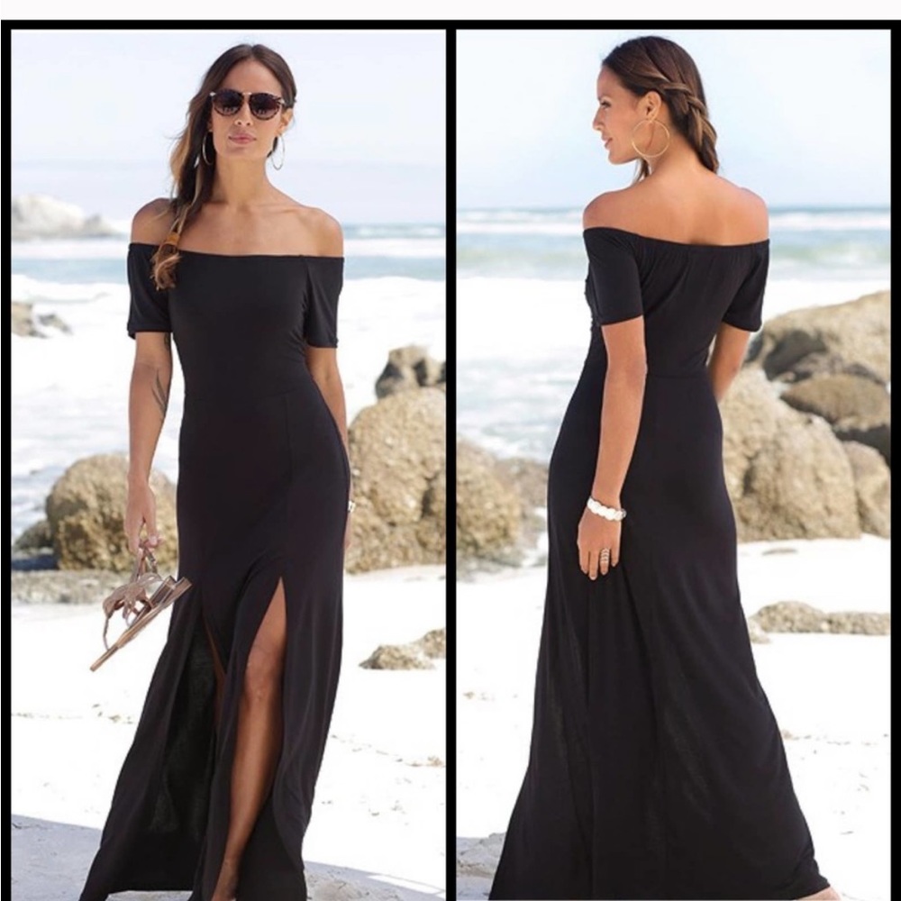 Off the shoulder lascana, black maxi dress with slit